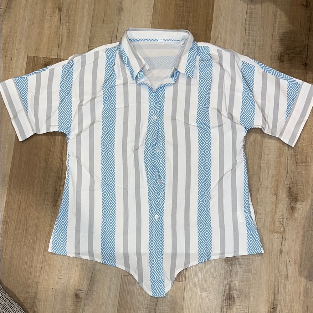 Blue and Gray Striped Short Sleeve Shirt